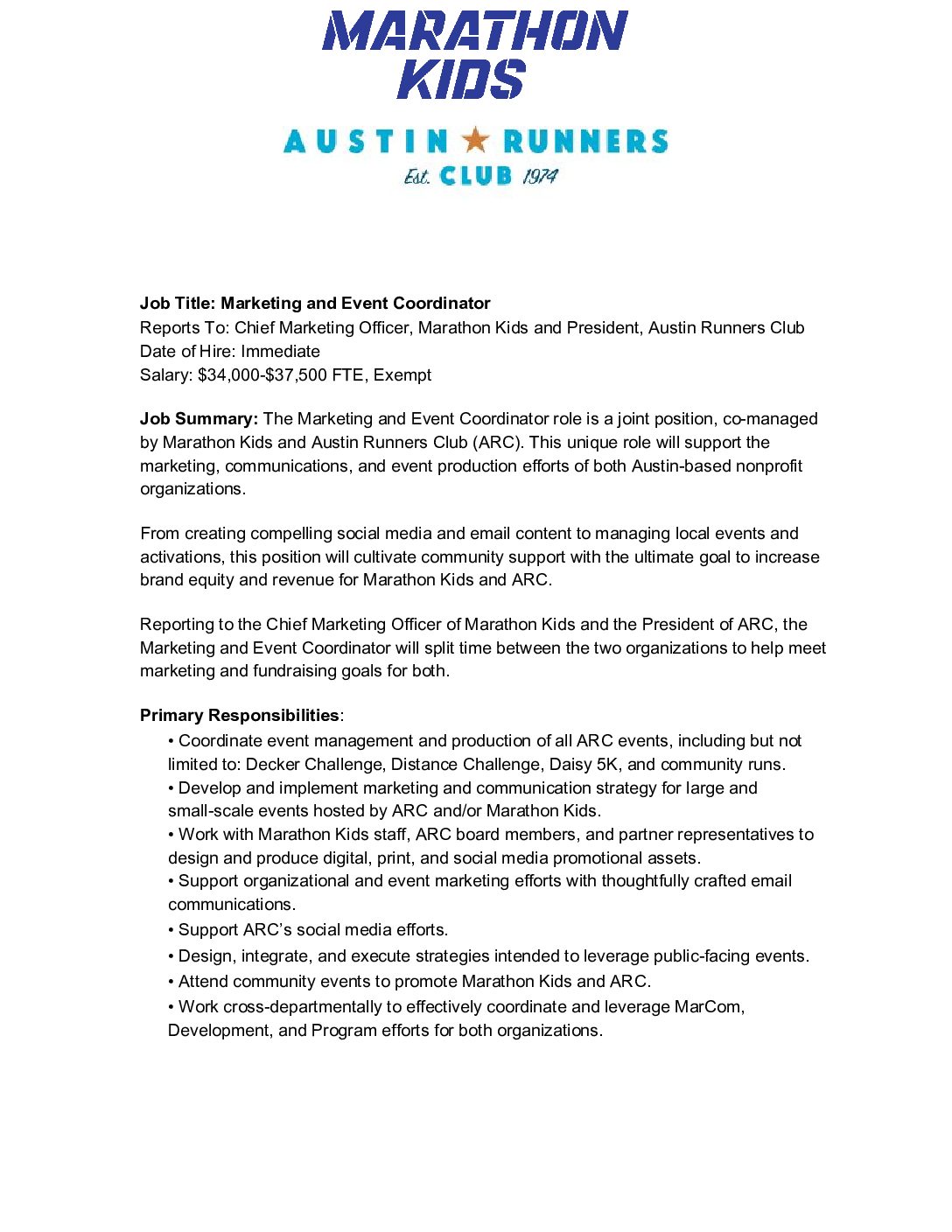 Job Description - Marketing and Event Coordinator - Marathon Kids